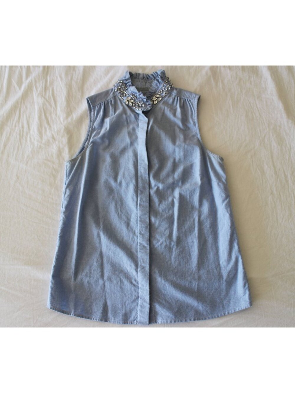 J. Crew Jewel Ruffle Collar blue chambray Oxford Sleeveless Blouse Shirt Size 0